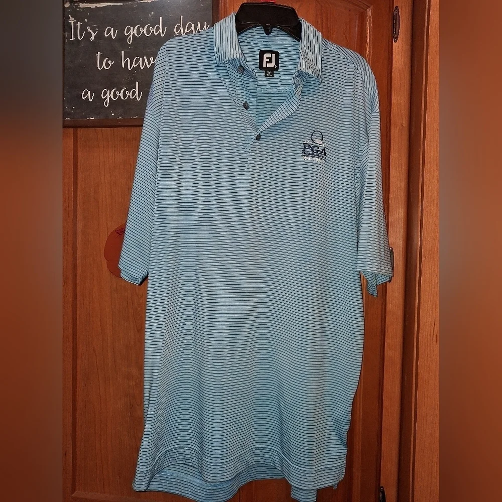 FootJoy Men's Blue Striped Polo Shirt With PGA Quail Hollow Championship Medium